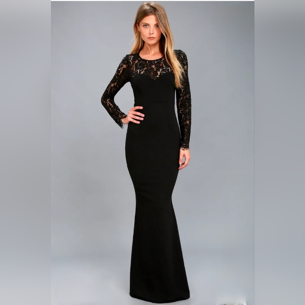 Lulus Whenever You Call Black Lace Maxi Dress, Small